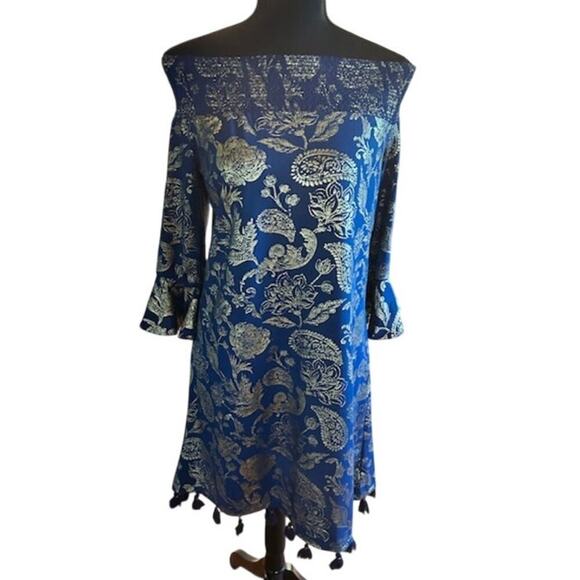 Cabana Life Blue & Gold Off-Shoulder Tassel Dress - Size Large - Picture 1 of 7
